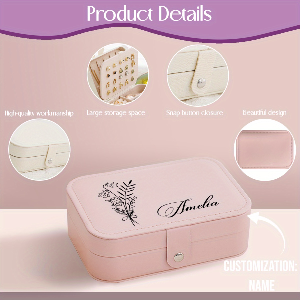 Personalized Name Jewelry Box with Snap Closure